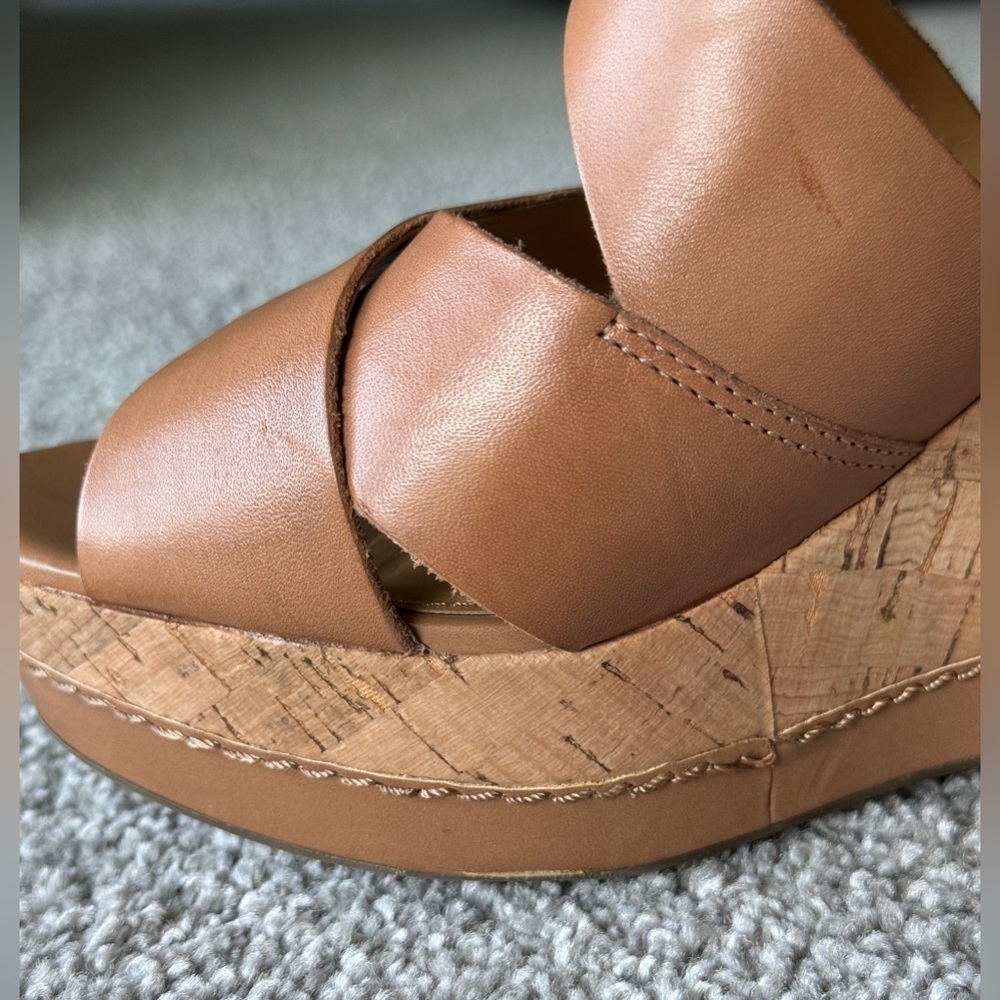 Franco Sarto cork wedge sandal size 11. Cognac, leather upper. - Picture 5 of 9